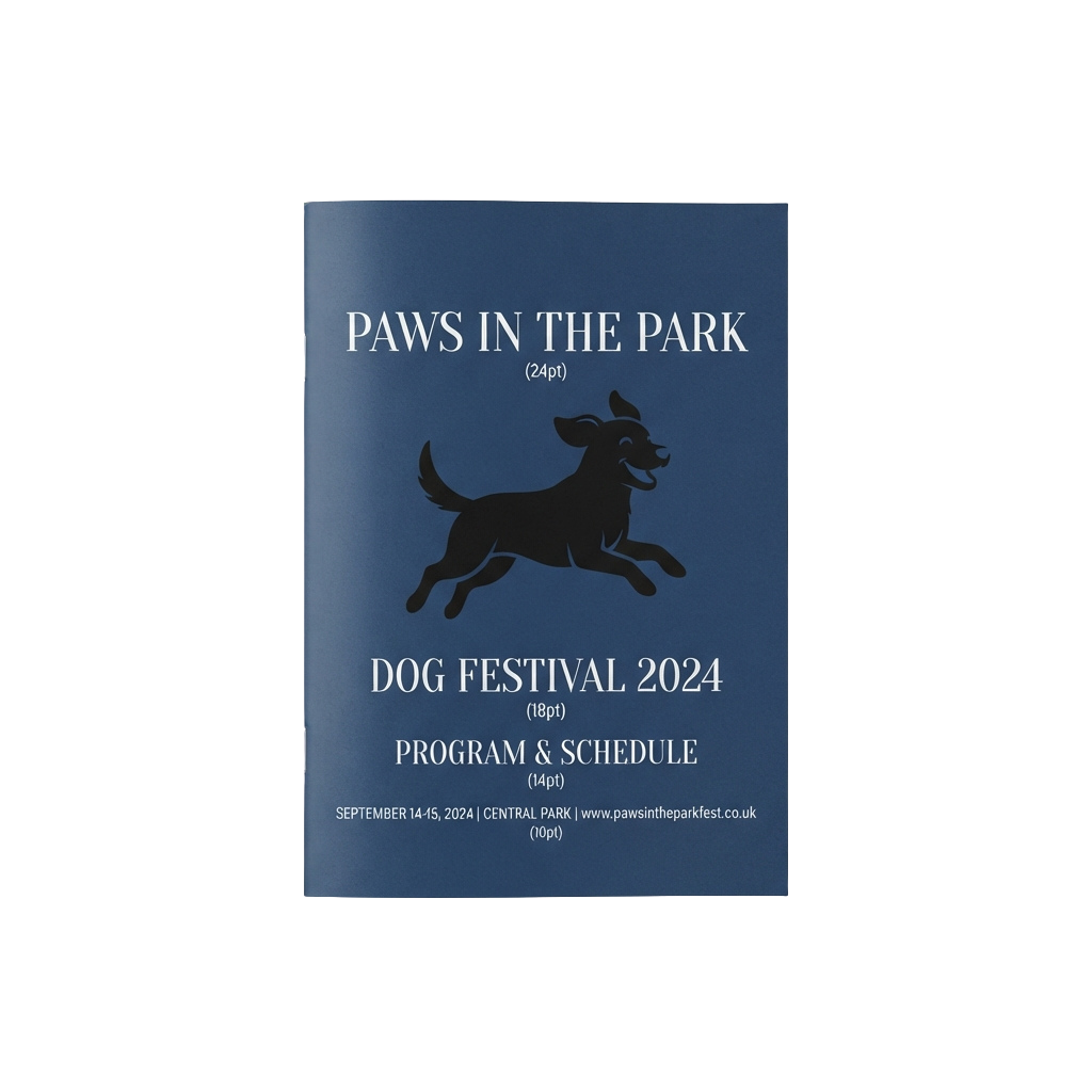 Dark blue poster for Paws in the Park Dog Festival 2024 featuring a black silhouette of a running dog and text about the event schedule