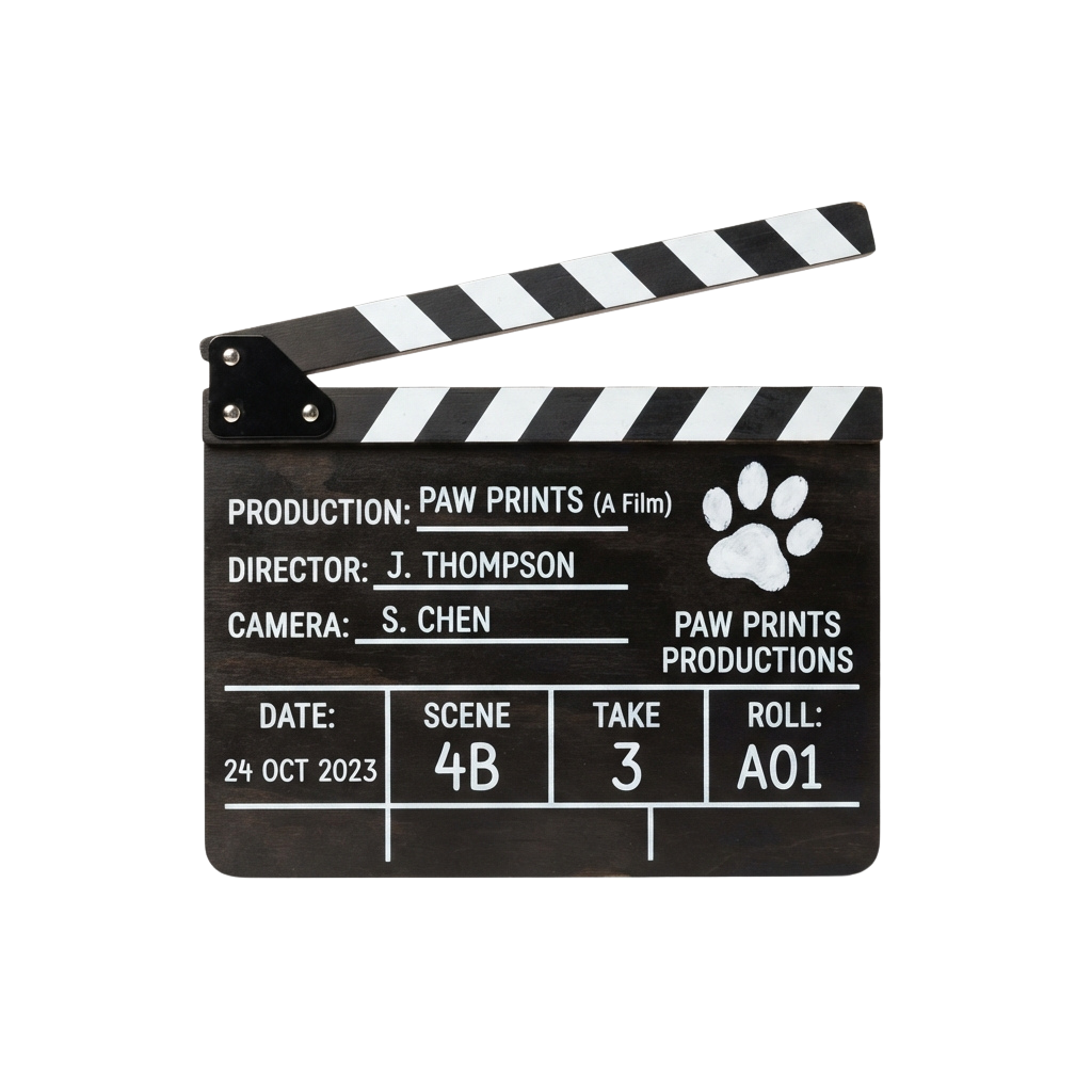 Black and white clapperboard displaying film production details including paw print logo, scene, take, and roll information