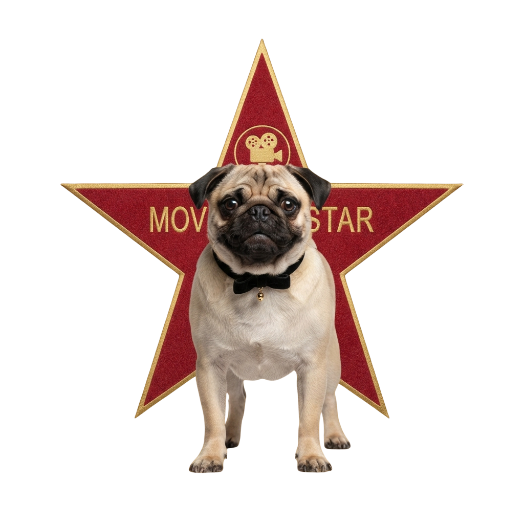Pug wearing a black bowtie standing in front of a red movie star award backdrop