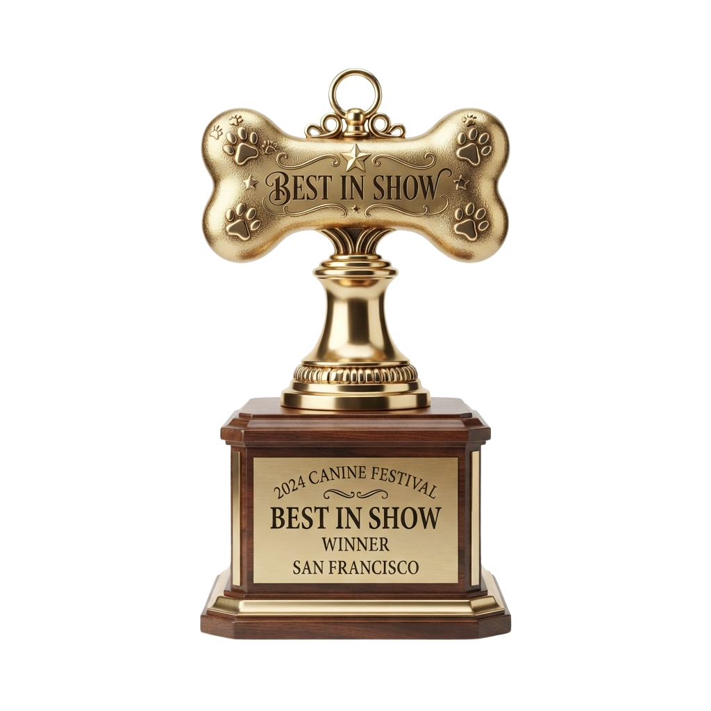 Gold-plated Best in Show trophy with a bone-shaped top and wooden base from a canine festival