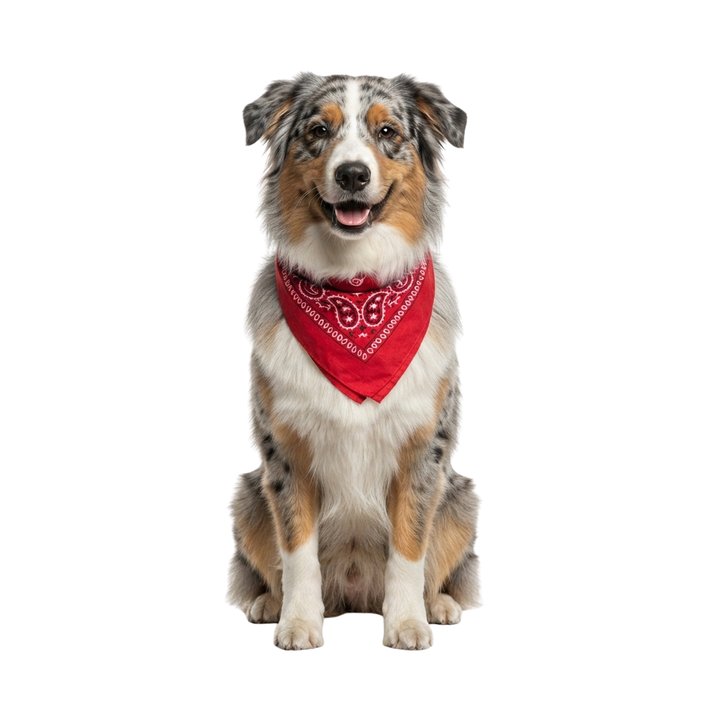 Smiling Australian Shepherd wearing a red bandana, sitting against a black background
