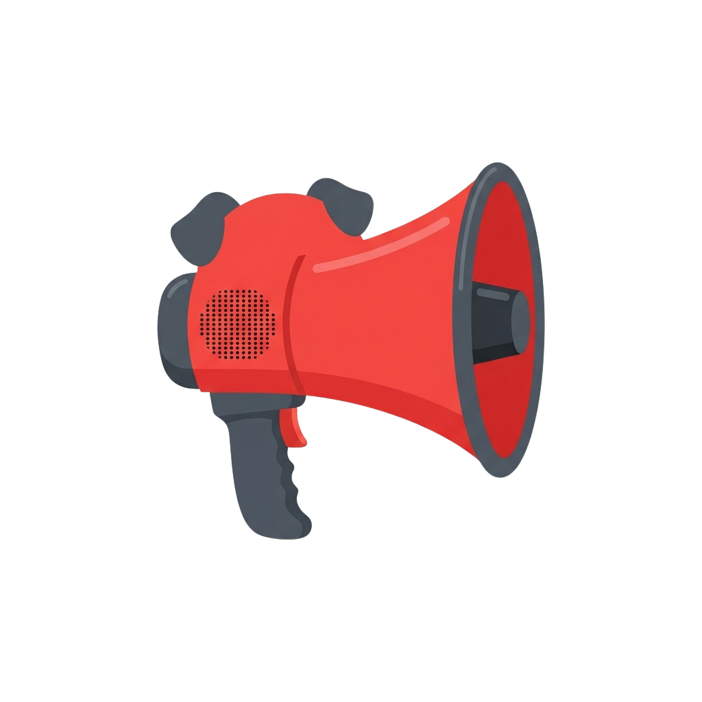 A red handheld megaphone with a gray handle and speaker grill against a black background