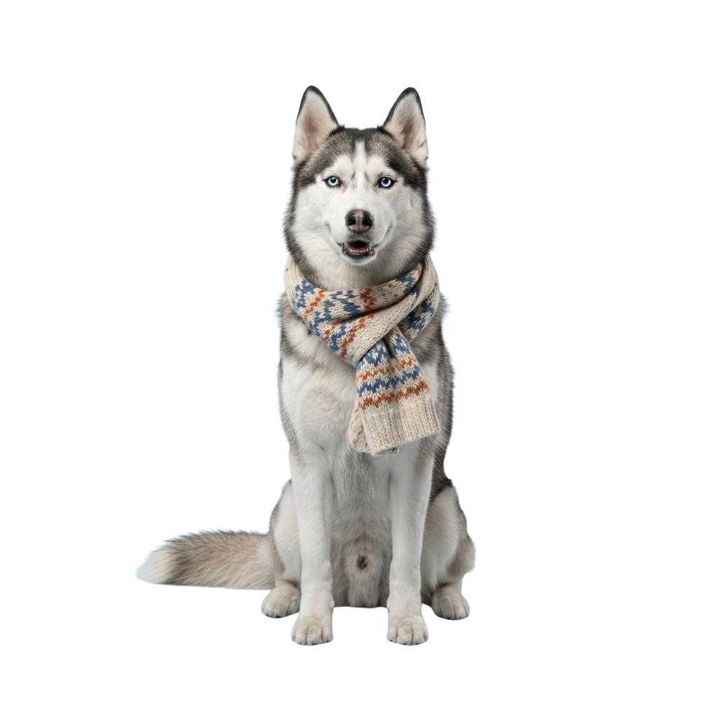 A Siberian Husky dog sitting and wearing a knitted scarf with a pattern of blue, orange, and white.