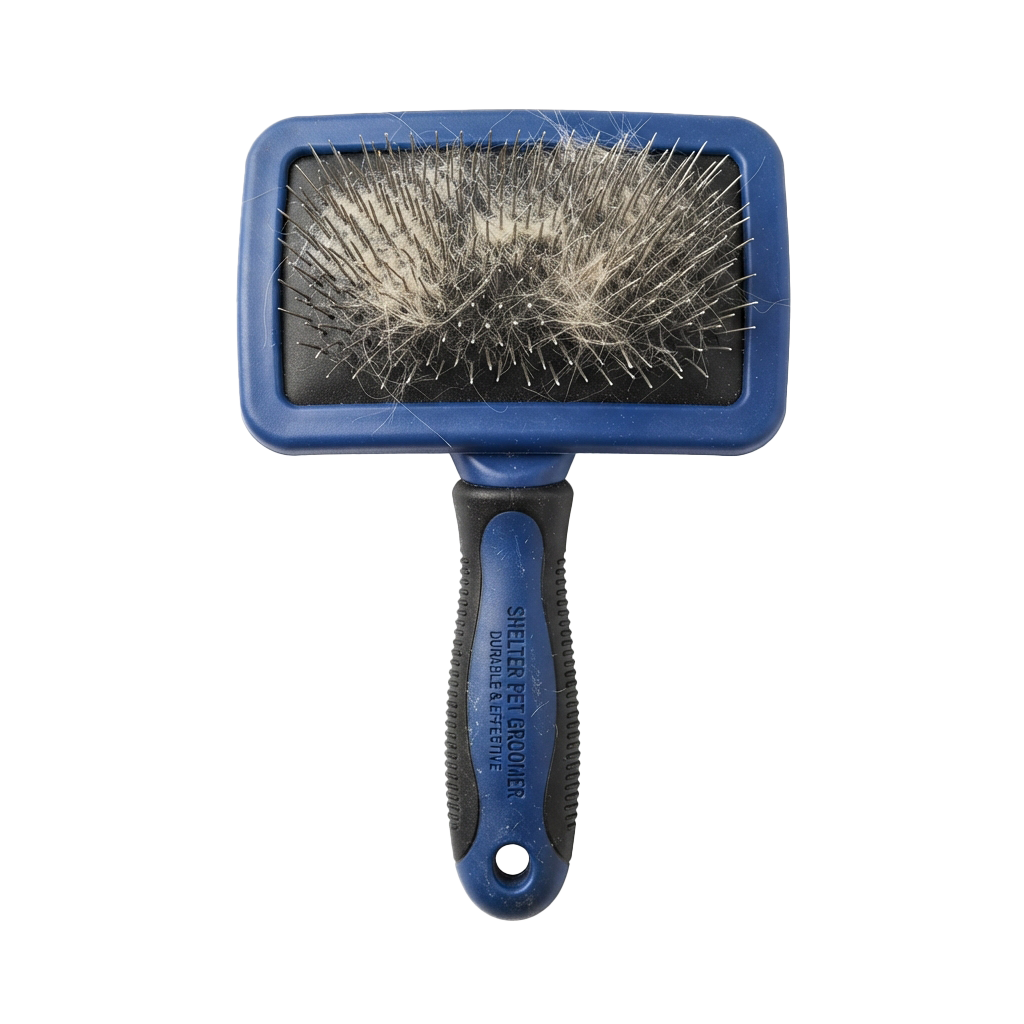 Blue pet grooming brush with bristles holding collected animal fur