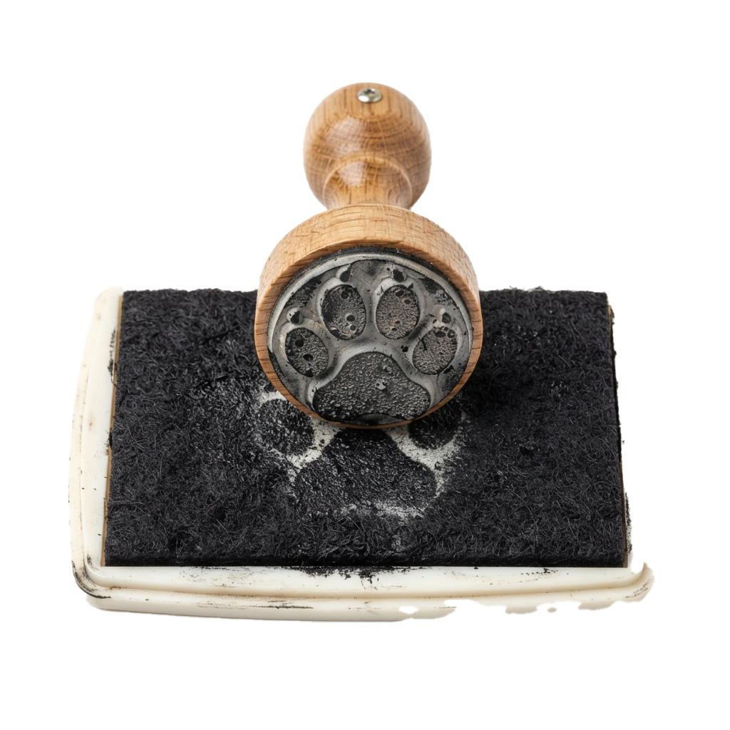 A wooden-handled stamp resting on a black ink pad showing a circular embossed design.