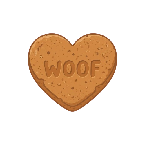 Heart-shaped candy with WOOF text in a brown, textured design