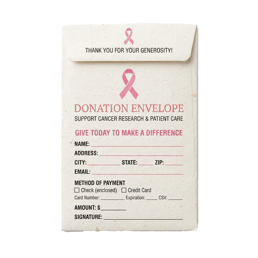 Donation envelope for cancer research featuring a pink ribbon and fields for donor information and payment details