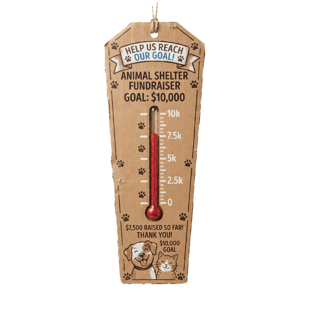 Fundraising thermometer showing 7500 dollars raised for an animal shelter with a 10000 dollar goal
