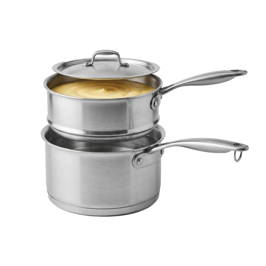 Double saucepan set with stainless steel exterior, lid, and handles shown with a yellow liquid inside the top pan