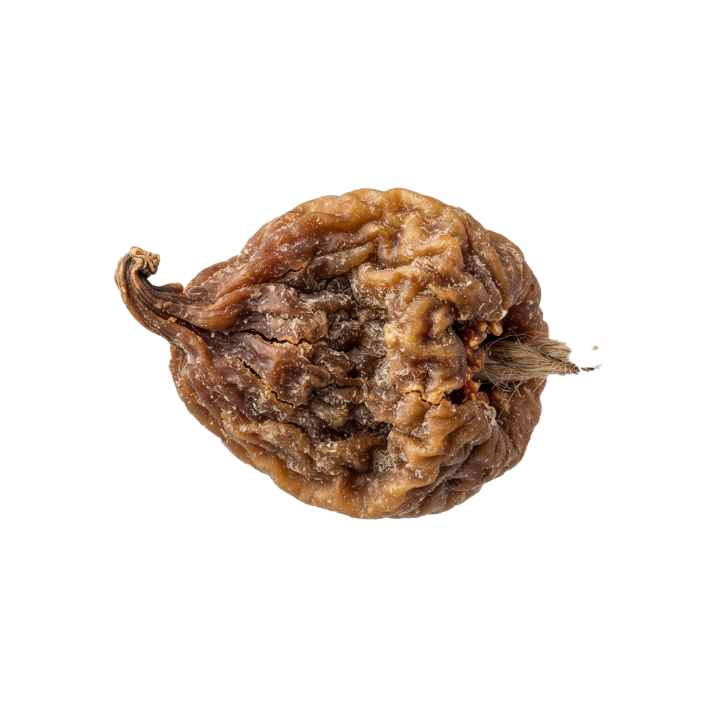 Charred piece of cooked meat with dark, crispy exterior and slightly uneven surface