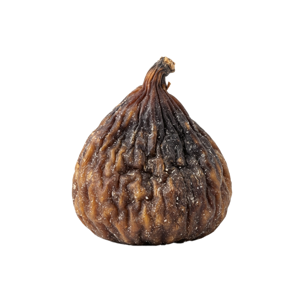 A dried fig with wrinkled brown skin and a small stem on top.