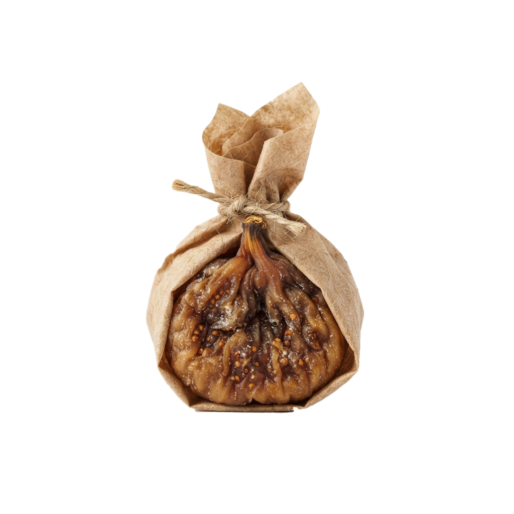 A single dried fig wrapped in brown paper tied with twine against a black background