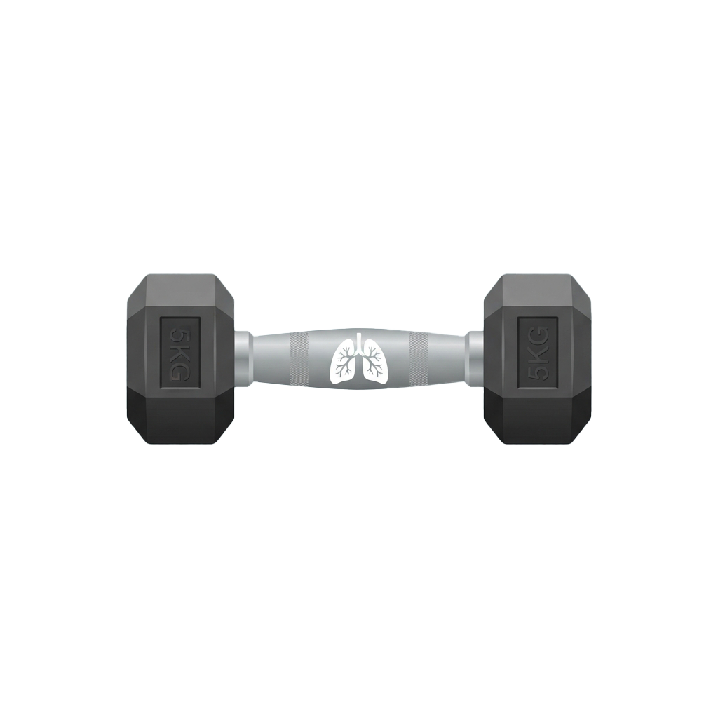 Gray dumbbell with 5kg weight markings and kidney-shaped center design