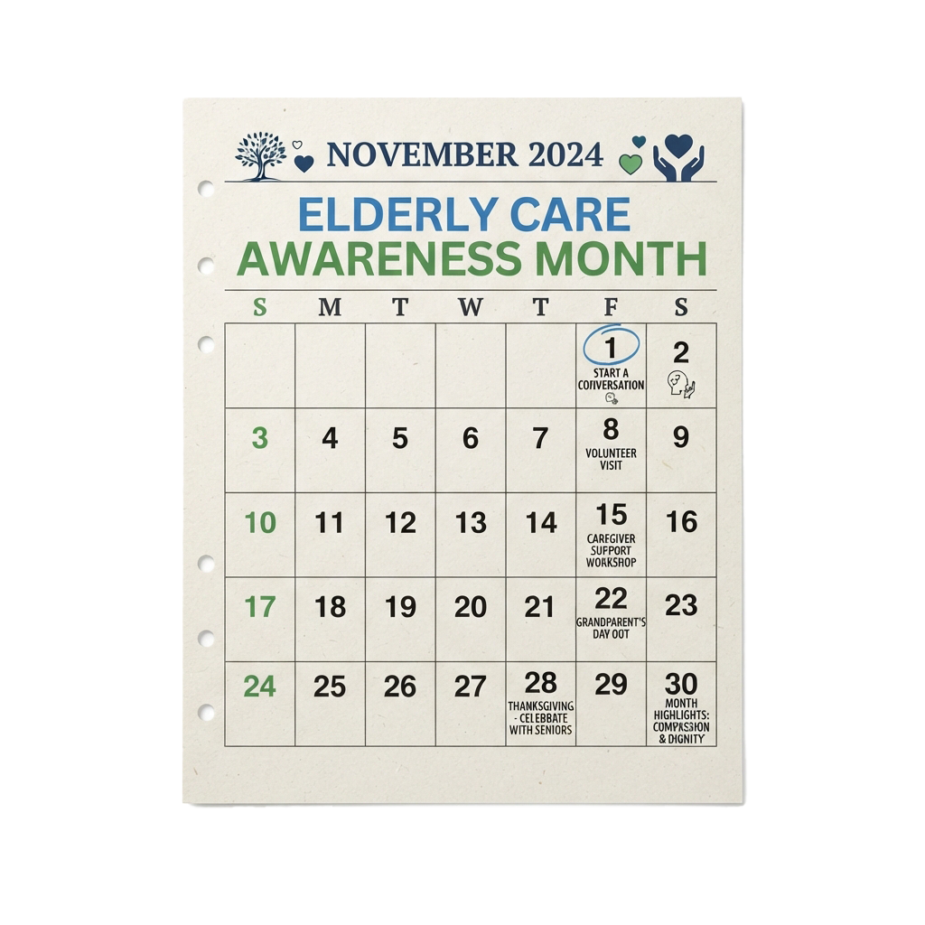 November 2024 calendar highlighting Elderly Care Awareness Month with key events marked on specific dates