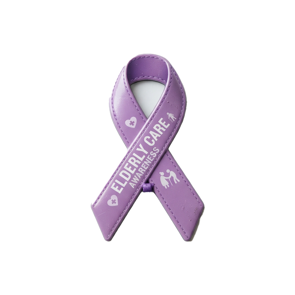 Purple ribbon with Elderly Care Awareness text and icons of a heart and elderly figures