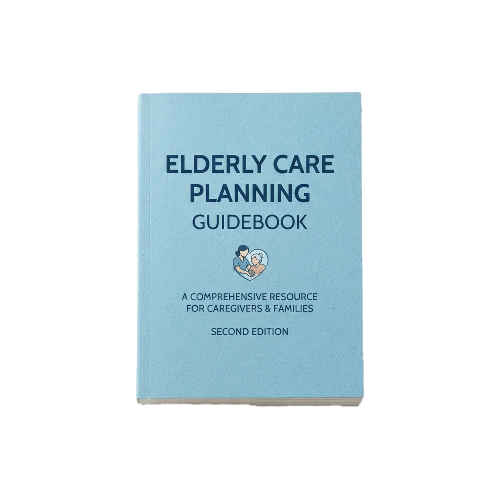 Light blue book cover titled Elderly Care Planning Guidebook with a caregiver icon