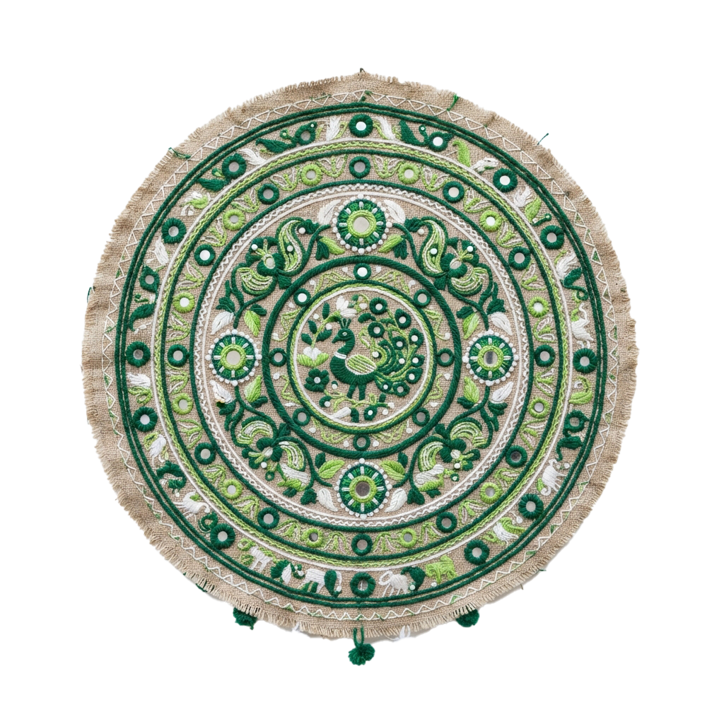 Circular embroidered textile featuring concentric patterns with a peacock motif in green and white colors