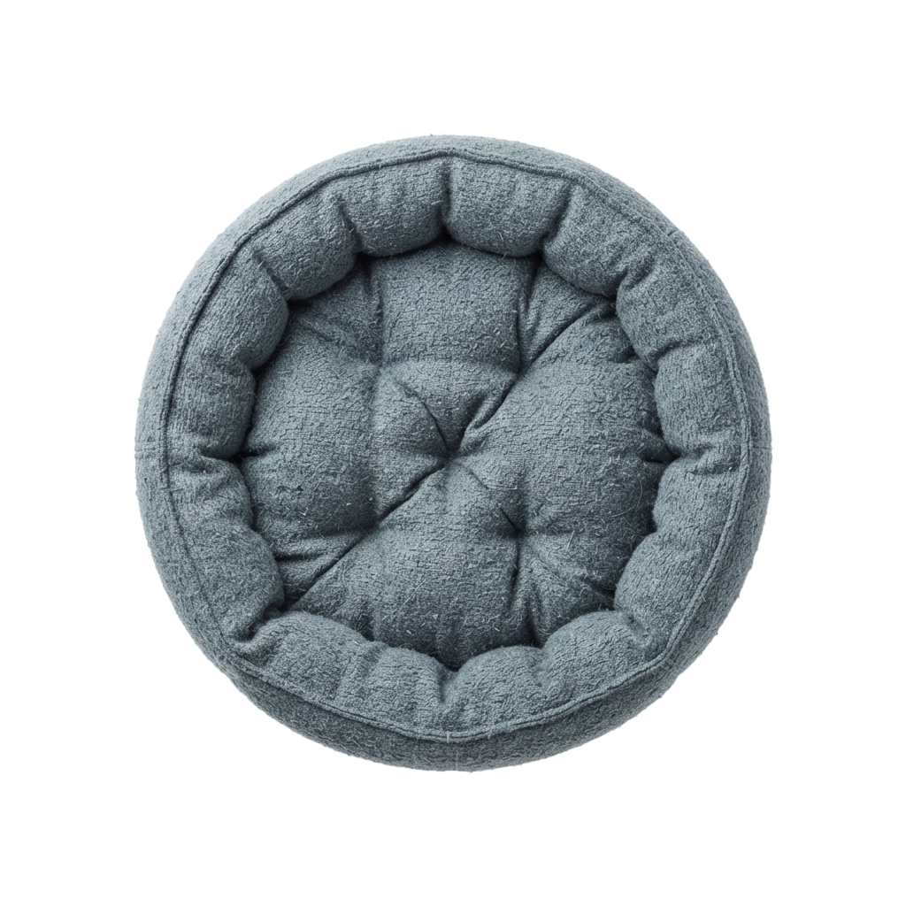 Gray round cushion with tufted sections for comfortable seating