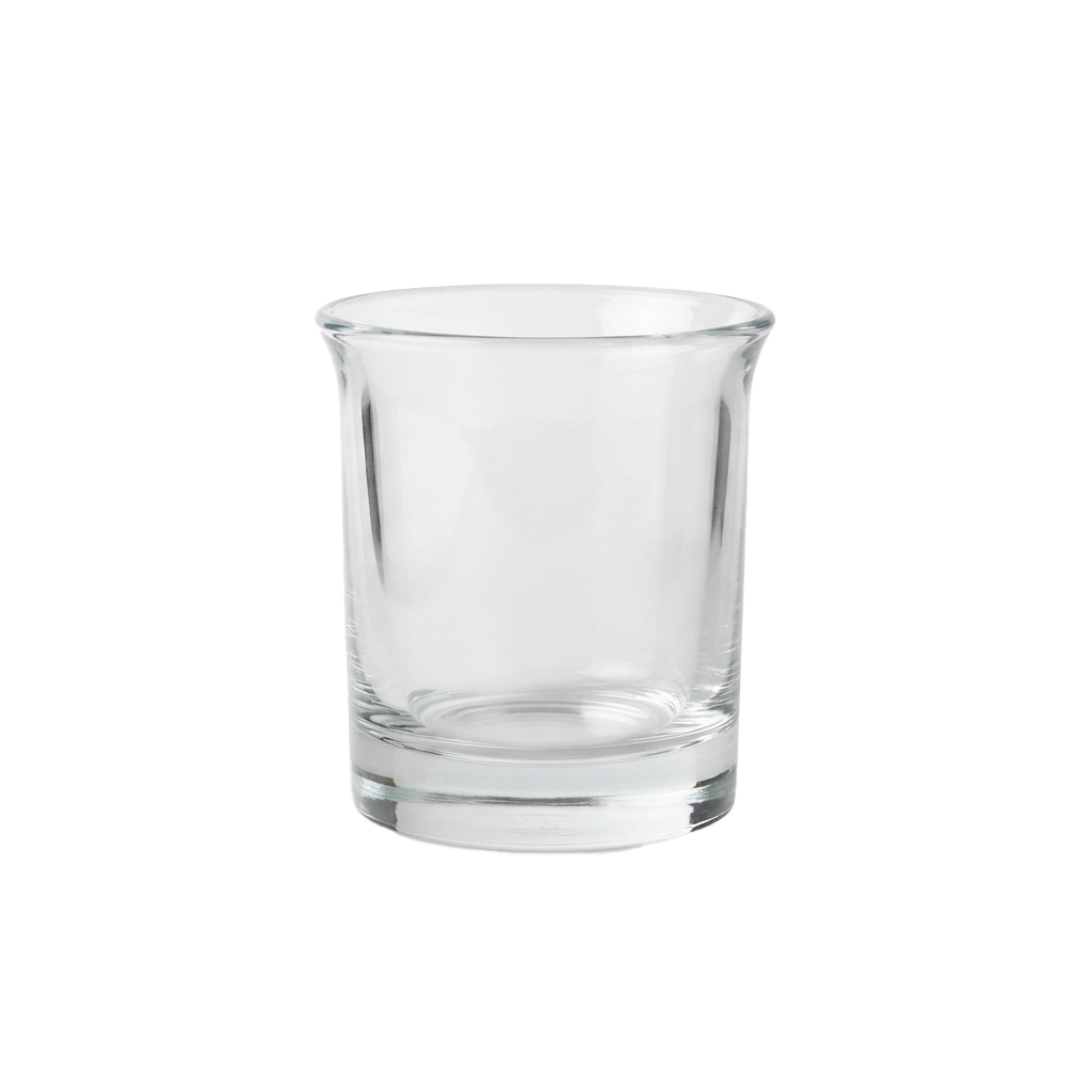 A clear, empty glass cup with a wide rim and straight sides on a black background