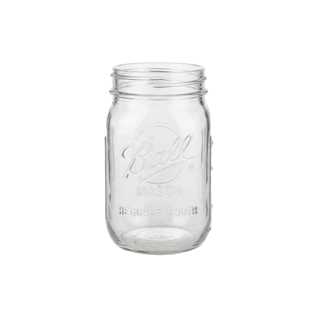 Clear glass jar with a metal lid labeled Ball Mason Regular Mouth