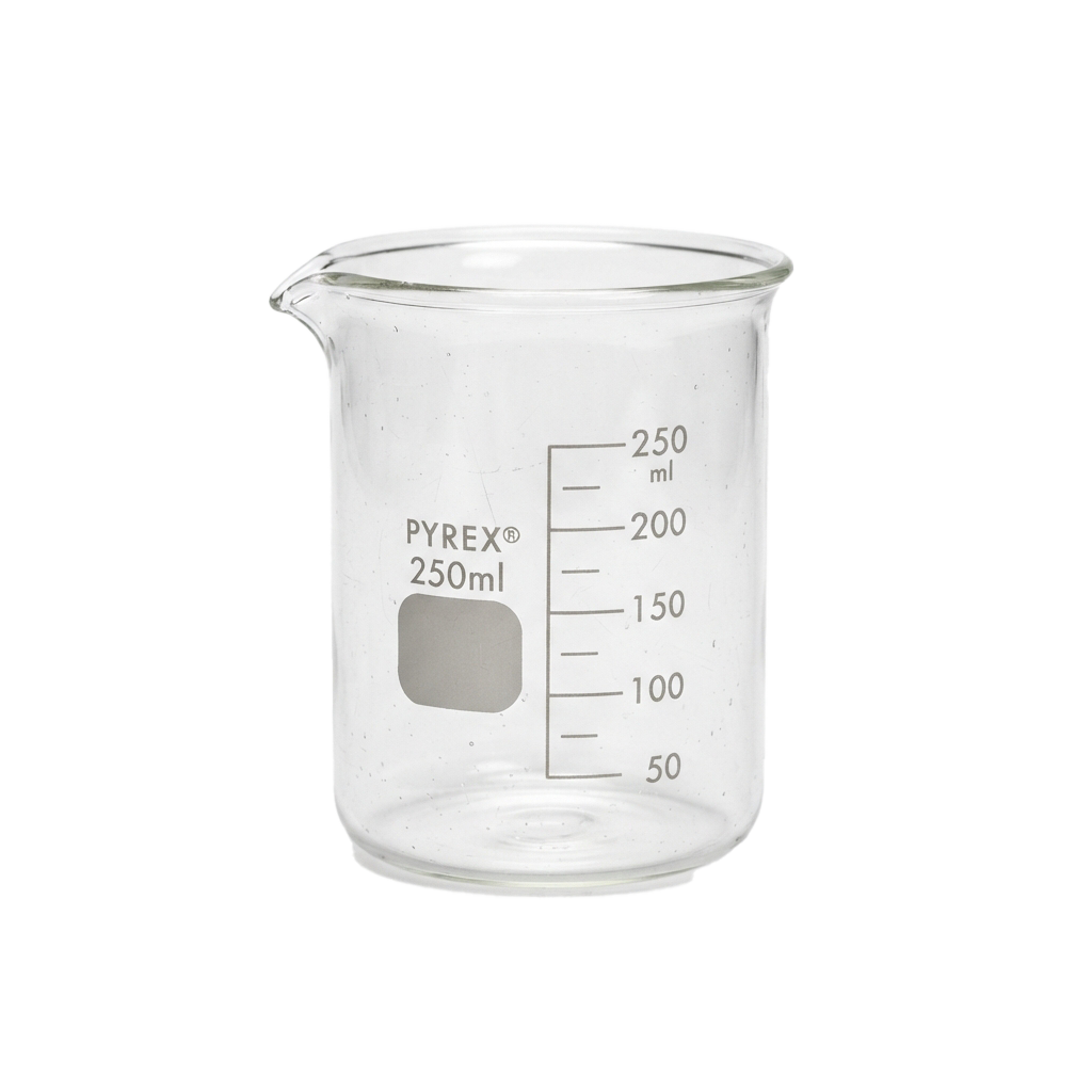 A clear glass beaker with a capacity of 250 milliliters and measurement markings up to 250 ml