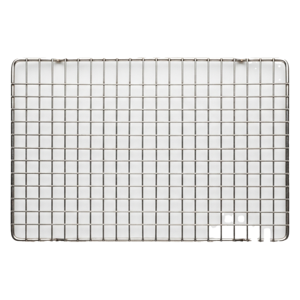 A transparent plastic grid tray with evenly spaced compartments for organizing small items