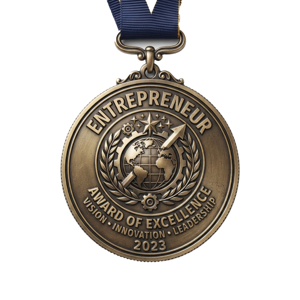 Bronze medal for Entrepreneur Award of Excellence 2023 with globe, stars, and gear emblem