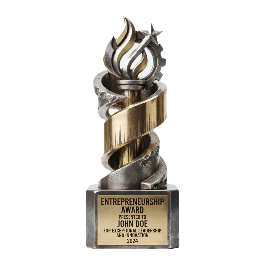 Award trophy with flame and star design presented for entrepreneurship excellence in 2024