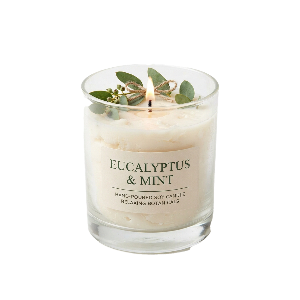 A lit soy candle in a glass jar with eucalyptus and mint scent, featuring dried botanicals on top