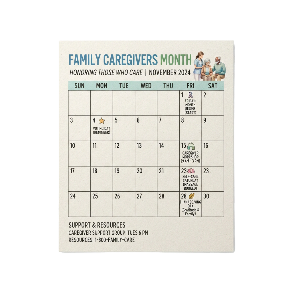 November 2024 calendar highlighting Family Caregivers Month with key events and reminders.