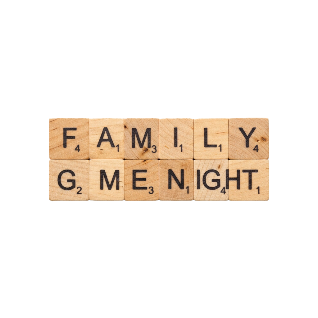 Wooden Scrabble tiles spelling Family Game Night with point values visible