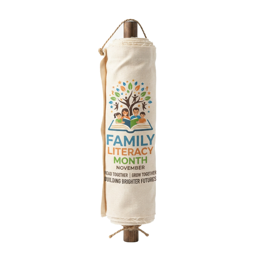 White tote bag with Family Literacy Month graphic showing a tree with people reading an open book and text promoting reading together in November