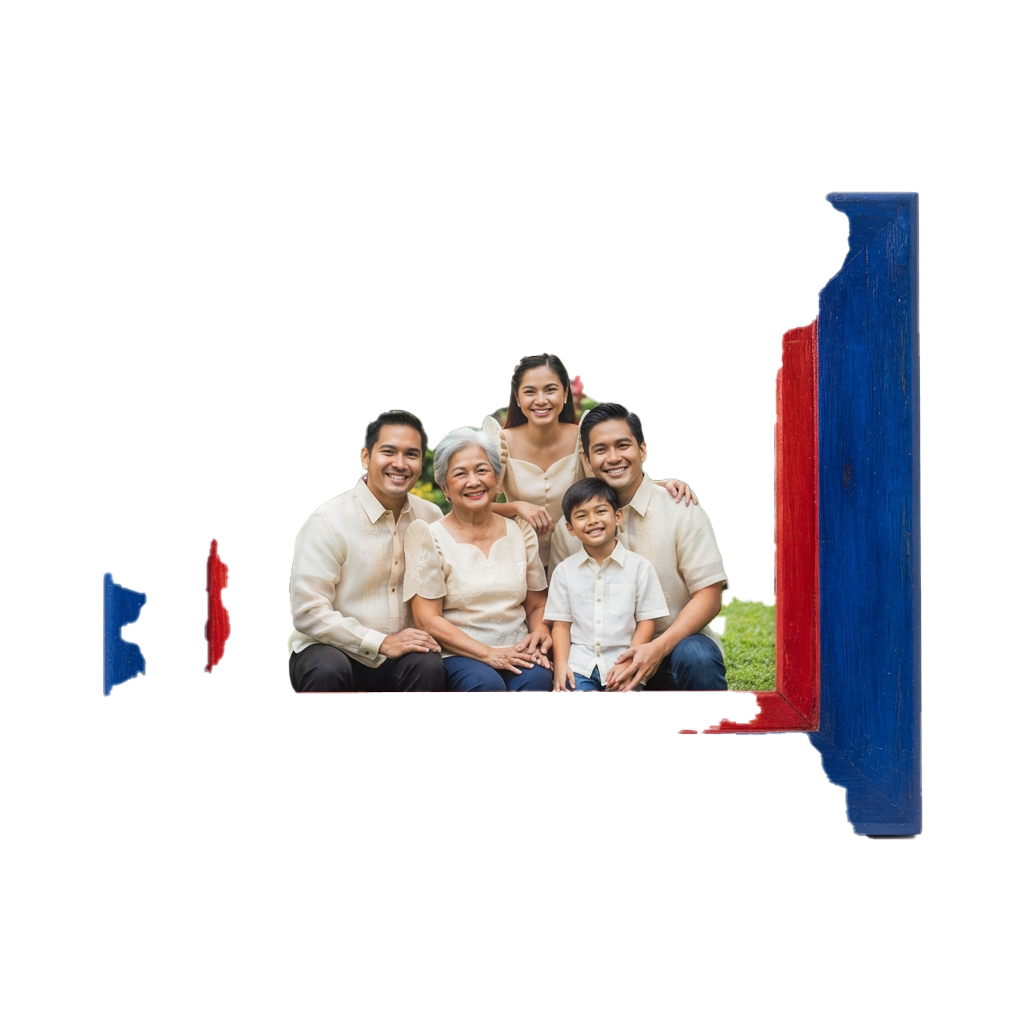 A family of five posing together through a colorful frame with blue, red, and black sections.