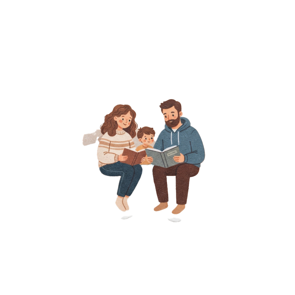 Illustration of a smiling woman, man, and child reading a book together happily