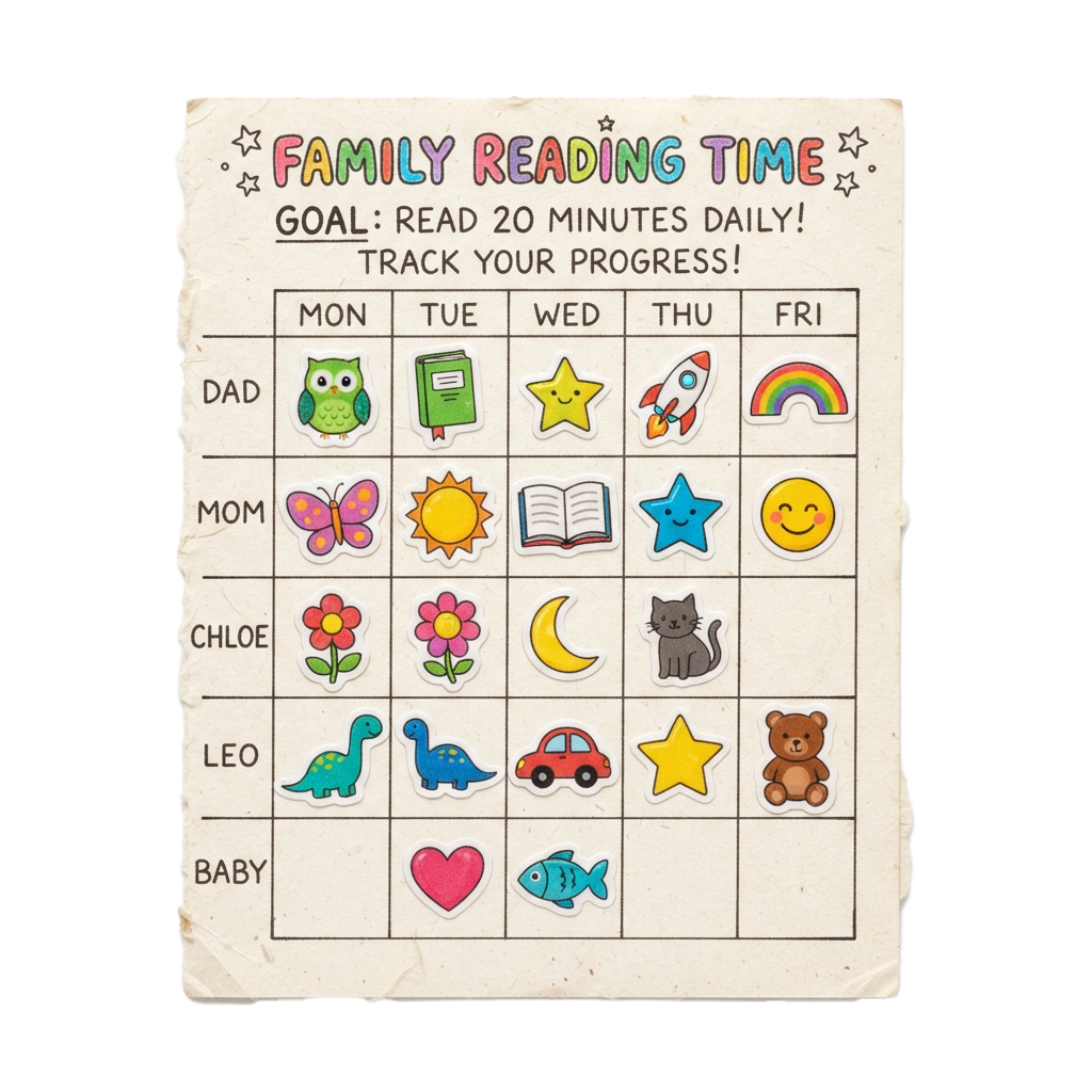 Colorful family reading progress chart with stickers for each member's daily reading time from Monday to Friday