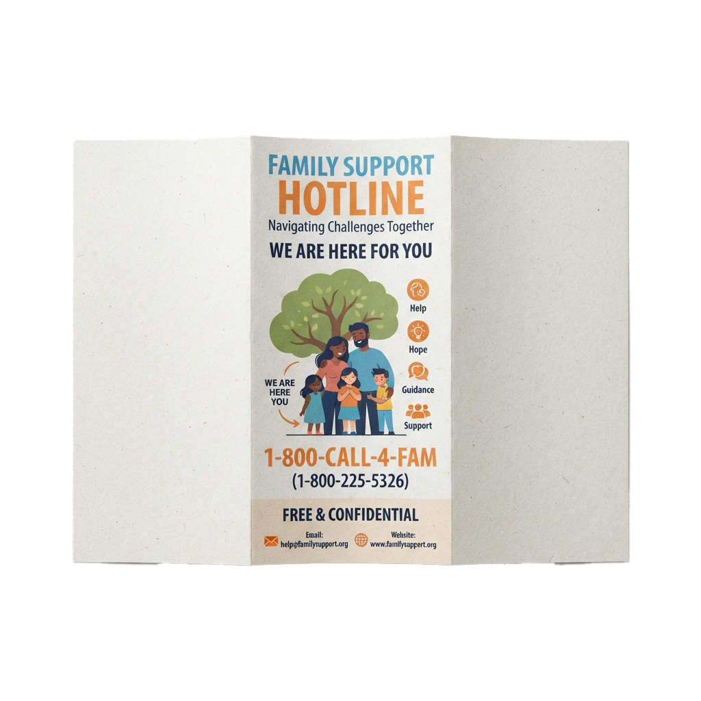 Family support hotline poster showing a diverse family under a tree with contact number 1-800-CALL-4-FAM and services offered.