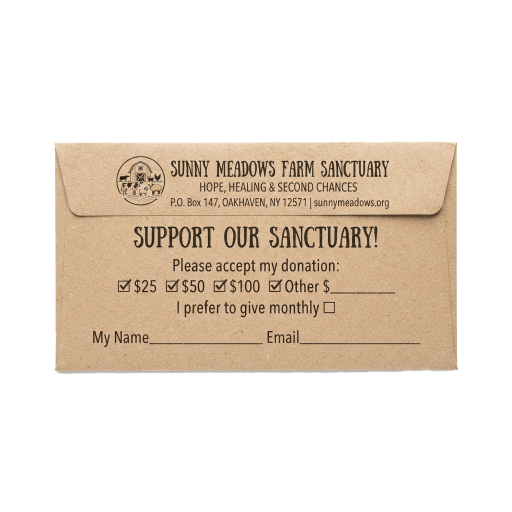 Donation envelope for a farm sanctuary with options for giving $25, $50, $100, or other amounts, including monthly giving.