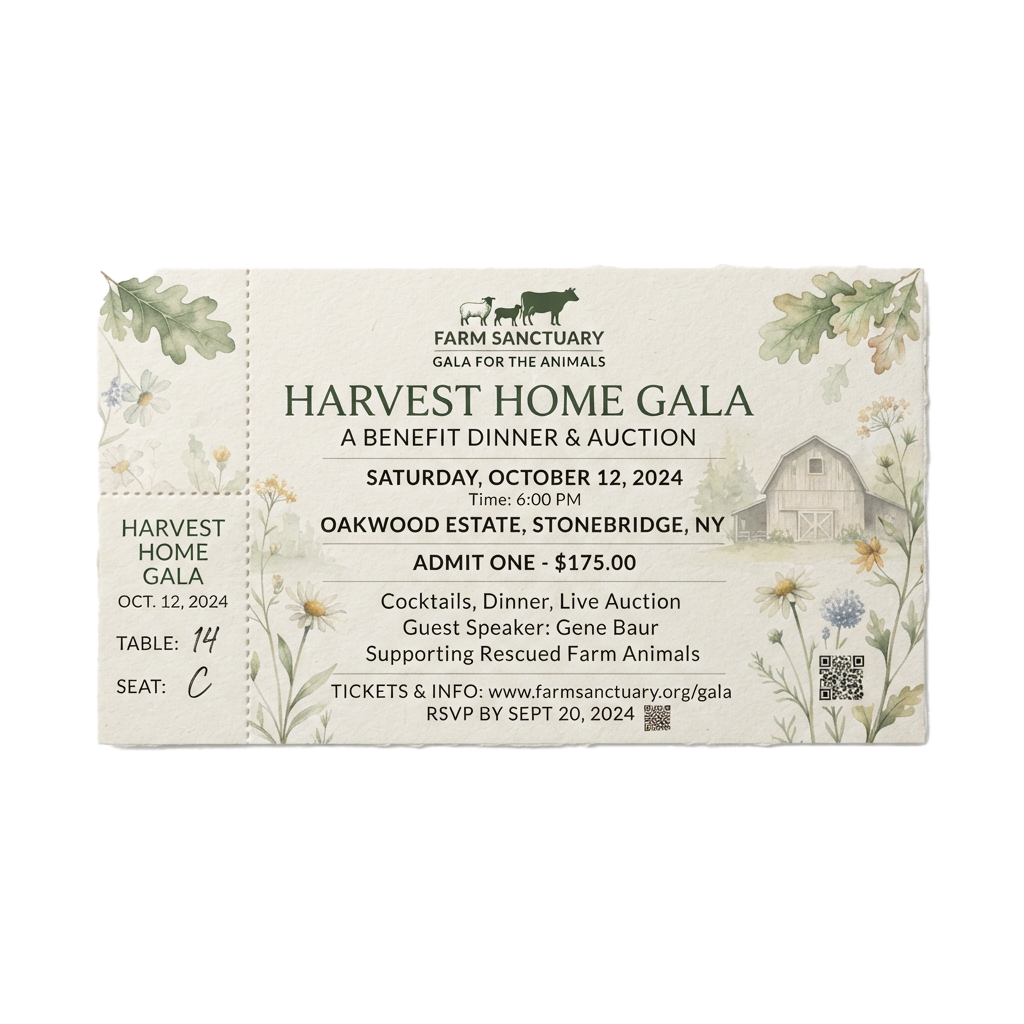 Vintage-style ticket for a Harvest Home Gala benefit dinner and auction event on October 12, 2024.