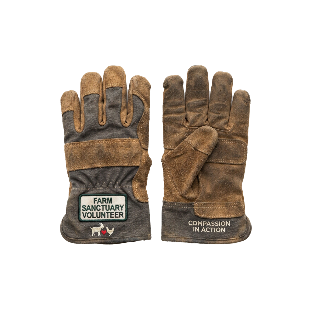 Pair of brown work gloves with Farm Sanctuary Volunteer and Compassion in Action labels