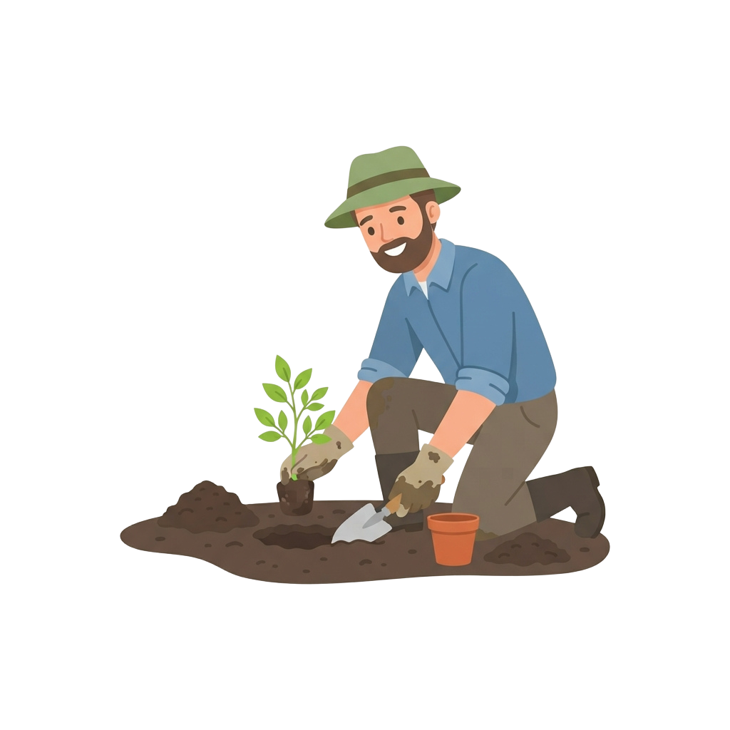 A person wearing a hat and gloves plants a small seedling in soil using a trowel.