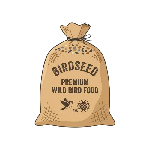 Illustration of a burlap sack filled with birdseed labeled as premium wild bird food, featuring a bird and sunflower graphic