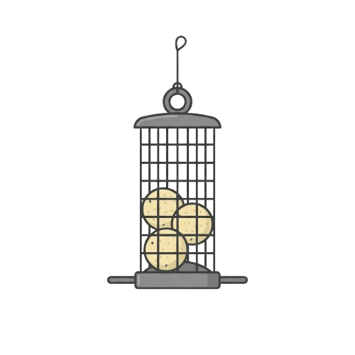 Illustration of a wire mesh bird feeder hanging from a hook, containing four bird seeds