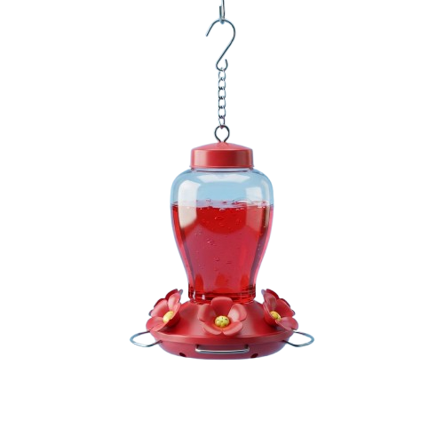 Red hummingbird feeder hanging from a metal hook with flower-shaped base and perches