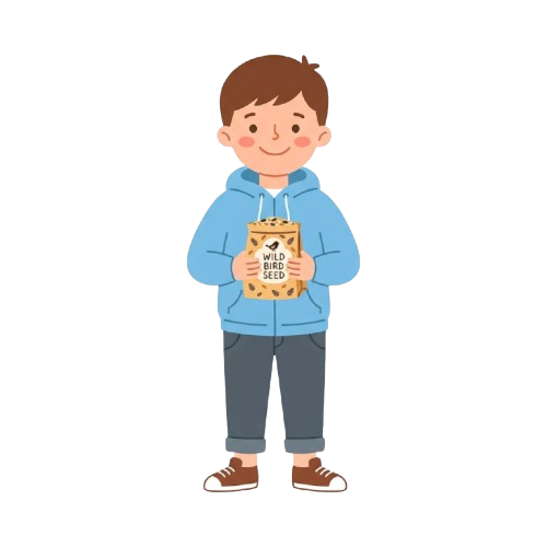 Smiling child in blue hoodie holding a bag of wild bird seed