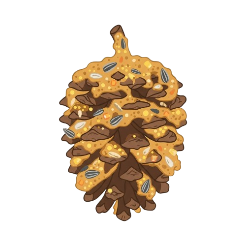 A stylized cartoon pinecone made to look like a baked treat with golden-brown and white details.