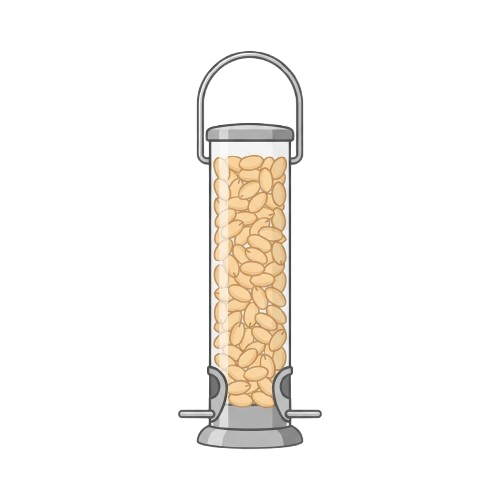 A metal bird feeder hanging vertically, filled with sunflower seeds