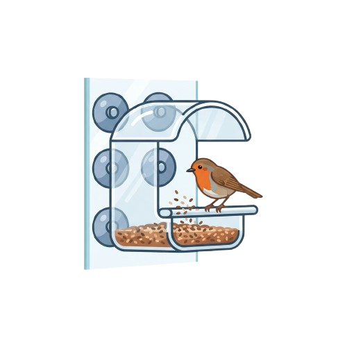 Illustration of a robin bird feeding from a clear plastic bird feeder attached to a suction cup board