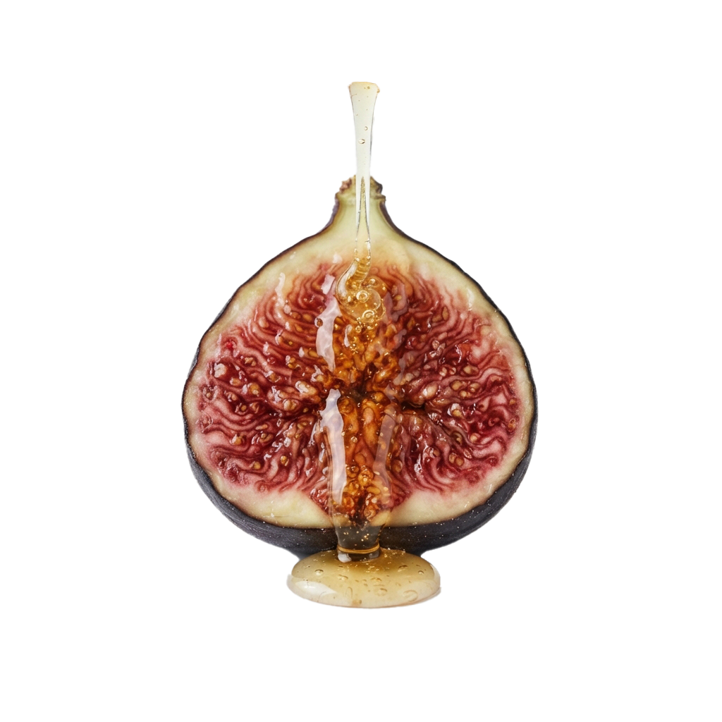 A halved fig revealing its inner pinkish-red flesh and central seed cavity.
