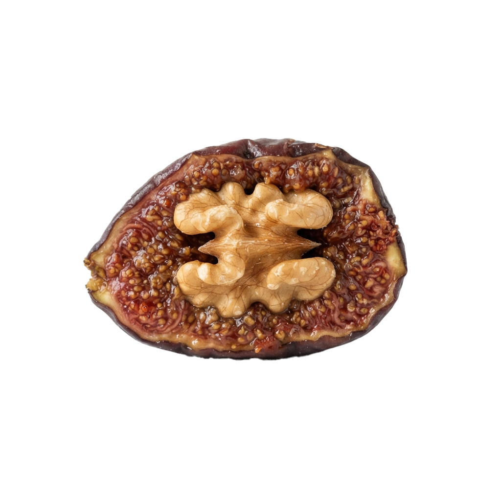 A cross-section of a walnut filled with dark chocolate showing the nut's ridges and crevices.