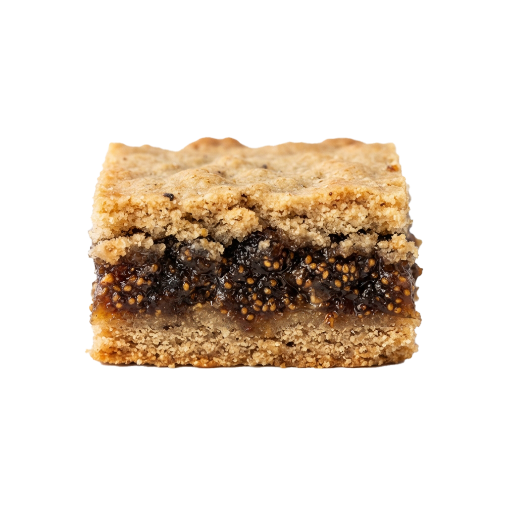 A close-up of a layered cookie sandwich with crumbly texture and chocolate chips in the middle